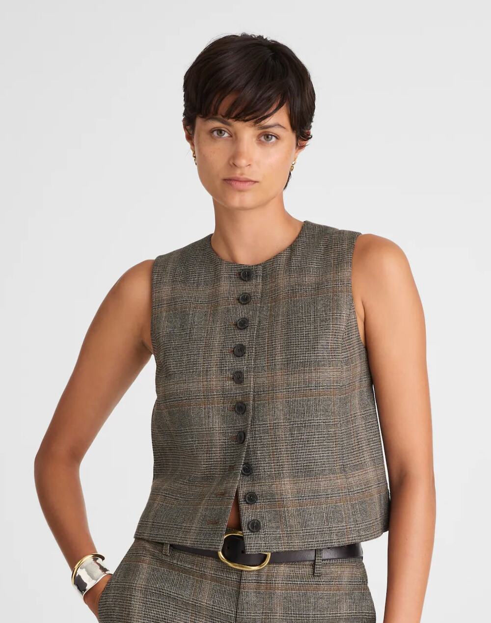 Madewell Crewneck Shell Vest in Brown Gray Plaid Size 2 NWT NX626